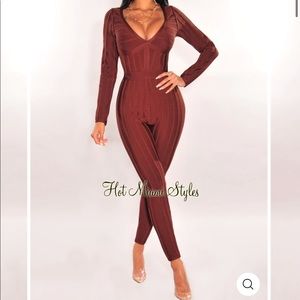 NWT WAIST SNATCHED: CHOCOLATE BANDAGE PLUNGE V NECK RIBBED STRIPED JUMPSUIT